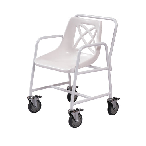 Roma 4550/4BC mobile shower chair with shell seat, fixed arms and four braked castors