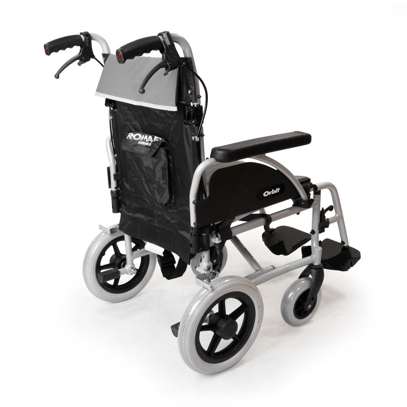 Rear view of the Roma Orbit 1330 transit wheelchair showing push handles