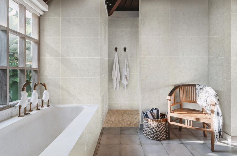 Wall&Water Santorini Marble Satin 600x600mm tile-effect wet wall panel in a modern bathroom