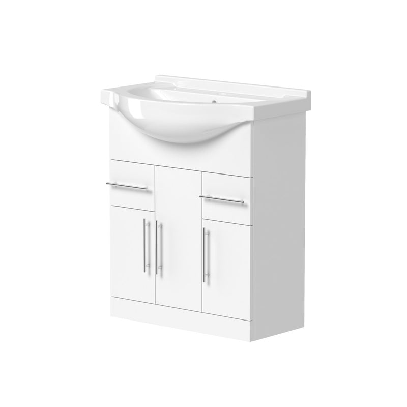 Sense II 750mm Three Doors, Two Drawers Floor Standing Unit & Basin in White Gloss
