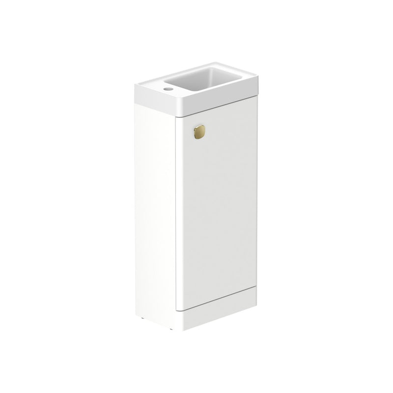 Stanway 400mm Single Door Floor Standing Cloakroom Unit & Mineral Cast Left Hand Basin in Arctic White with Satin Brass Handle