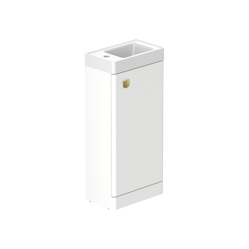 Stanway 400mm Single Door Floor Standing Cloakroom Unit & Mineral Cast Left Hand Basin in Arctic White with Satin Brass Handle