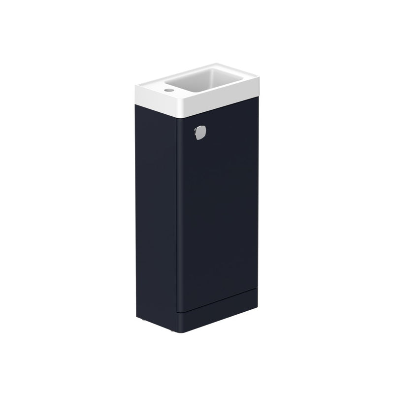 Stanway 400mm Single Door Floor Standing Cloakroom Unit & Mineral Cast Left Hand Basin in Navy with Chrome Handle
