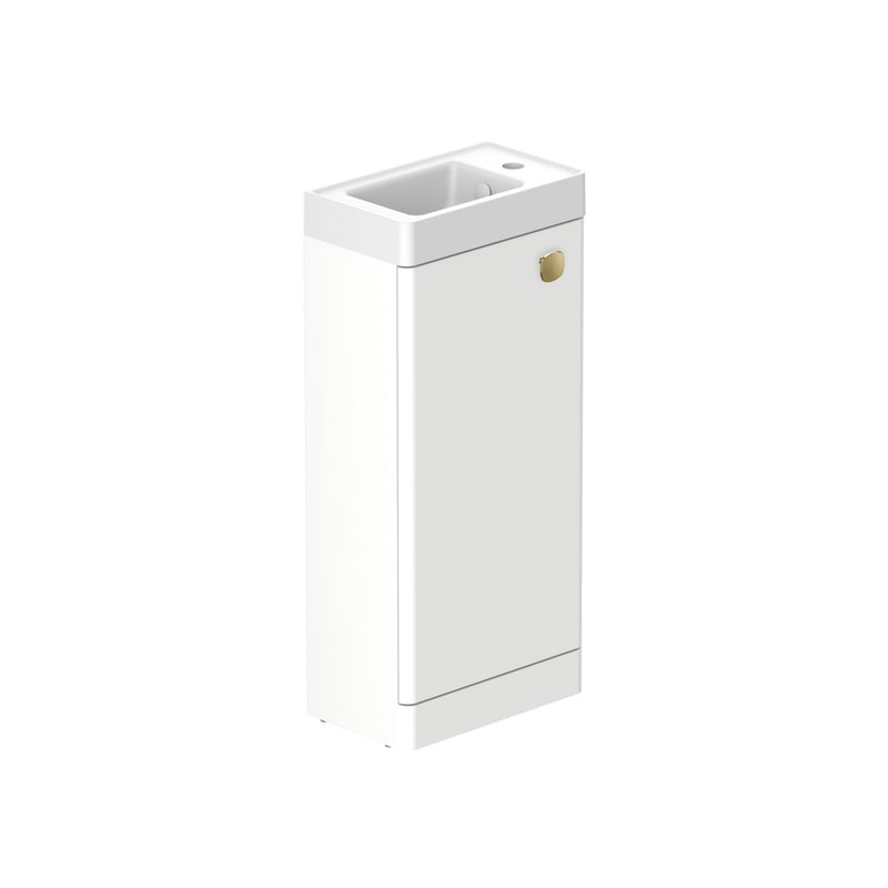 Stanway 400mm Single Door Floor Standing Cloakroom Unit & Mineral Cast Right Hand Basin in Arctic White with Satin Brass Handle