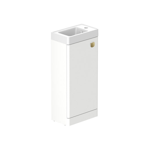 Stanway 400mm Single Door Floor Standing Cloakroom Unit & Mineral Cast Right Hand Basin in Arctic White with Satin Brass Handle