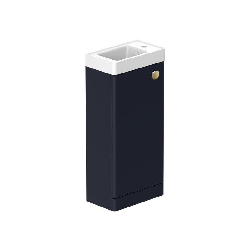 Stanway 400mm Single Door Floor Standing Cloakroom Unit & Mineral Cast Right Hand Basin in Navy with Satin Brass Handle
