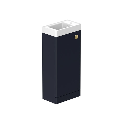 Stanway 400mm Single Door Floor Standing Cloakroom Unit & Mineral Cast Right Hand Basin in Navy with Satin Brass Handle
