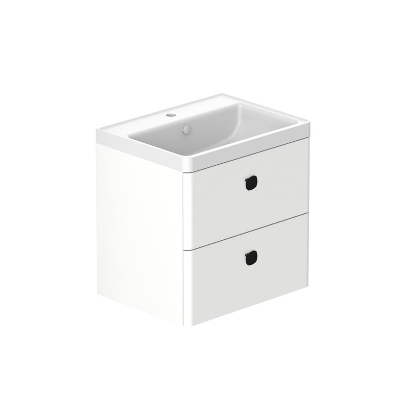 Stanway 600mm Two Drawer Wall Hung Unit & Ceramic Basin in Arctic White with Matt Black Handles
