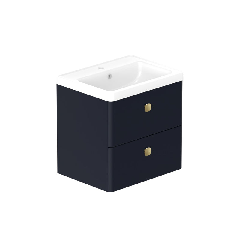 Stanway 600mm Two Drawer Wall Hung Unit & Ceramic Basin in Arctic White with Satin Brass Handles