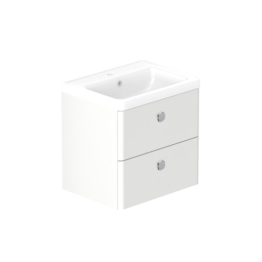 Stanway 600mm Two Drawer Wall Hung Unit & Ceramic Basin in Arctic White with Satin Chrome Handles