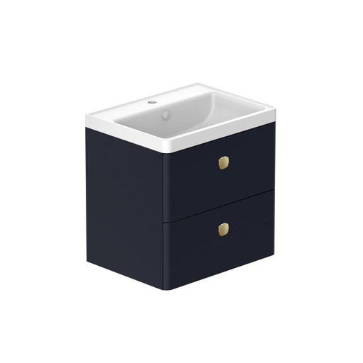 Stanway 600mm Two Drawer Wall Hung Unit & Ceramic Basin in Green with Satin Brass Handles