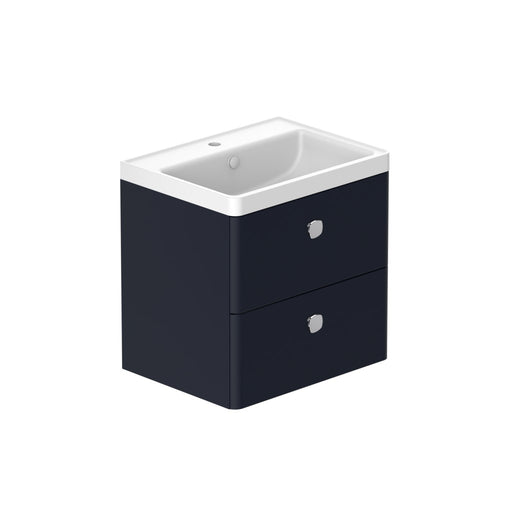 Stanway 600mm Two Drawer Wall Hung Unit & Ceramic Basin in Navy with Satin Brass Handles