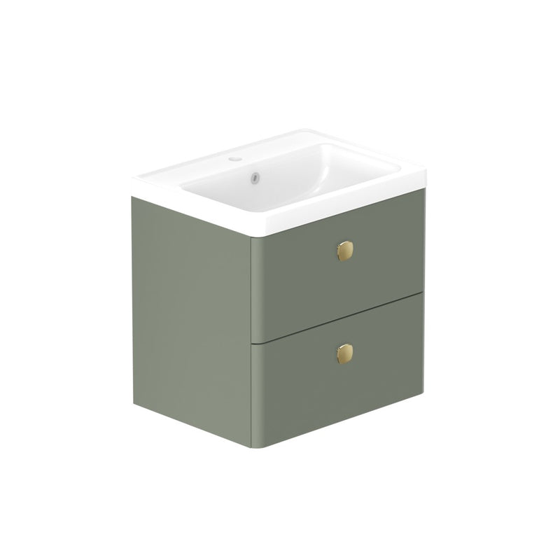 Stanway 600mm Two Drawer Wall Hung Unit & Mineral Cast Basin in Arctic White with Satin Brass Handles