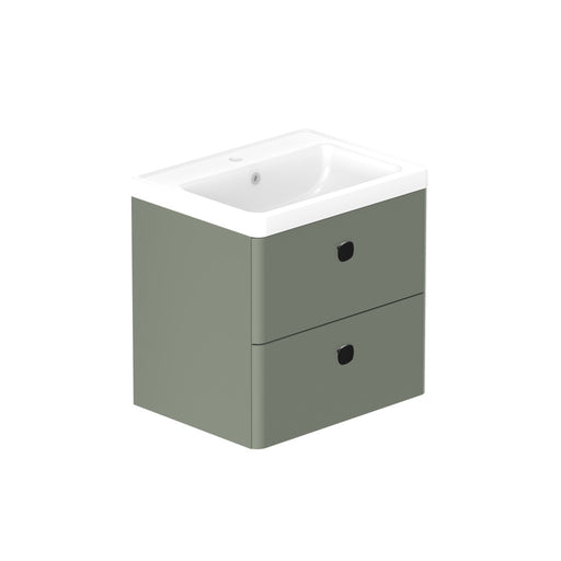 Stanway 600mm Two Drawer Wall Hung Unit & Mineral Cast Basin in Green with Matt Black Handles