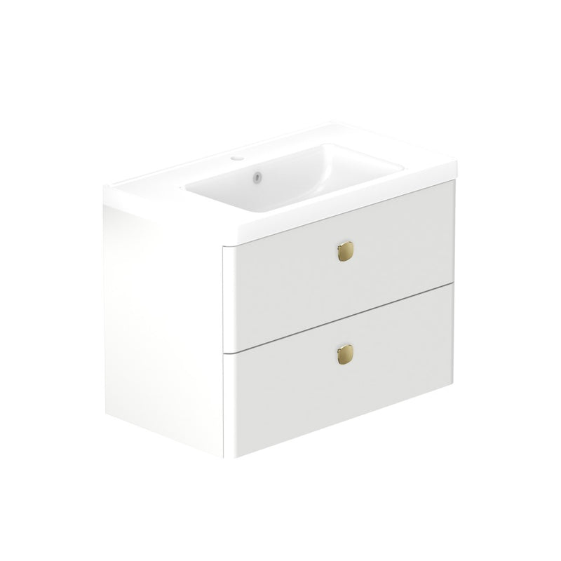 Stanway 800mm Two Drawer Wall Hung Unit & Ceramic Basin in Arctic White with Satin Brass Handles