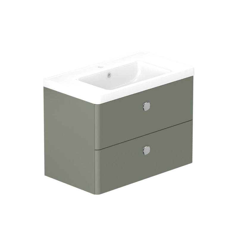 Stanway 800mm Two Drawer Wall Hung Unit & Ceramic Basin in Green with Chrome Handles
