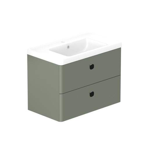 Stanway 800mm Two Drawer Wall Hung Unit & Ceramic Basin in Green with Matt Black Handles
