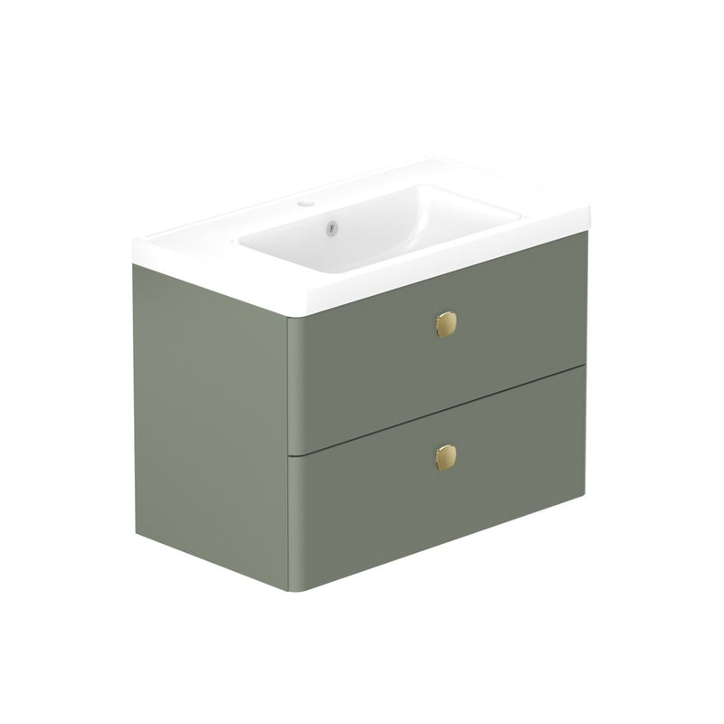 Stanway 800mm Two Drawer Wall Hung Unit & Ceramic Basin in Green with Satin Brass Handles