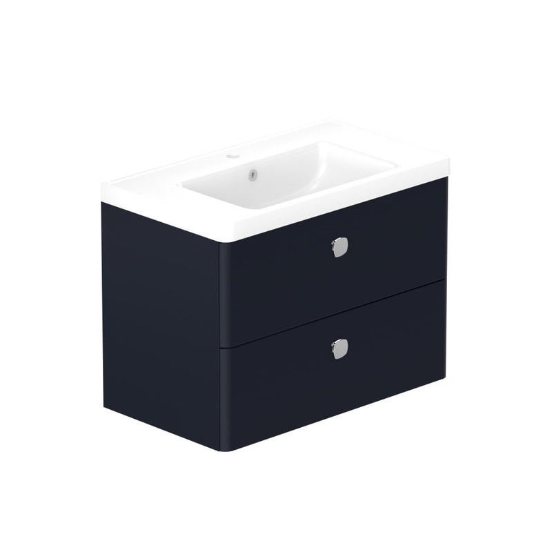 Stanway 800mm Two Drawer Wall Hung Unit & Ceramic Basin in Navy with Chrome Handles