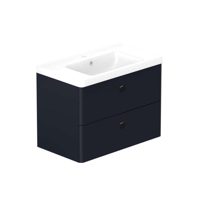 Stanway 800mm Two Drawer Wall Hung Unit & Ceramic Basin in Navy with Matt Black Handles