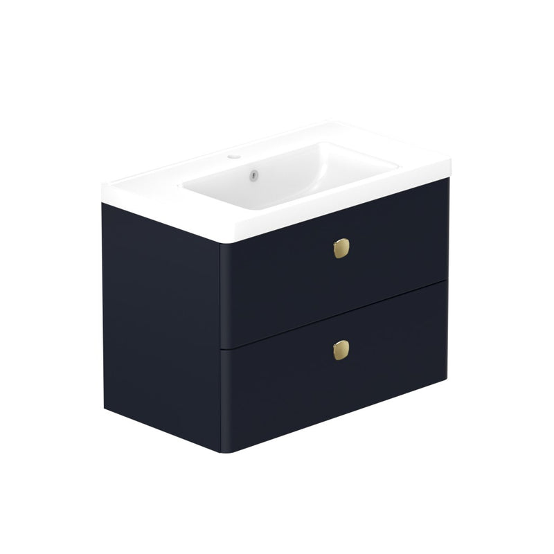 Stanway 800mm Two Drawer Wall Hung Unit & Ceramic Basin in Navy with Satin Brass Handles