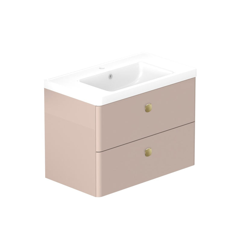 Stanway 800mm Two Drawer Wall Hung Unit & Ceramic Basin in Pink Clay with Satin Brass Handles