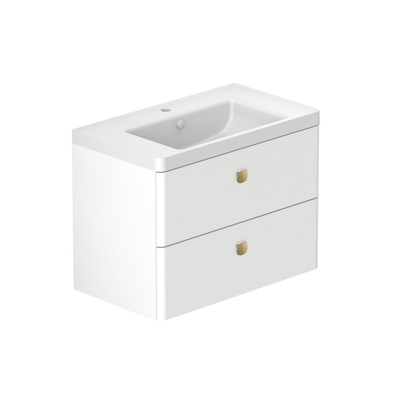 Stanway 800mm Two Drawer Wall Hung Unit & Mineral Cast Basin in Arctic White with Satin Brass Handles