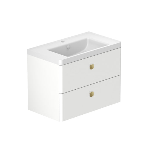 Stanway 800mm Two Drawer Wall Hung Unit & Mineral Cast Basin in Arctic White with Satin Brass Handles