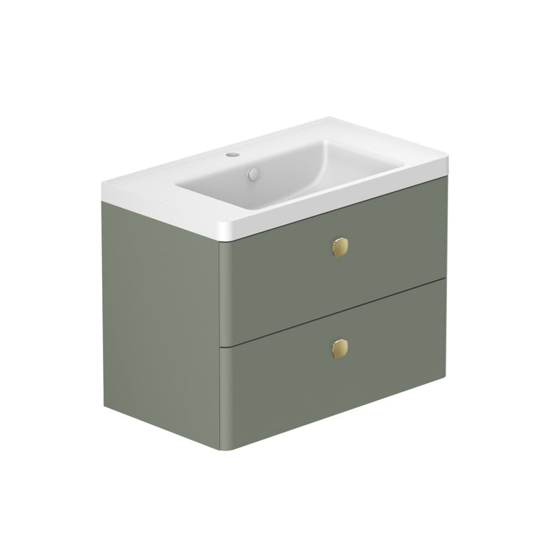 Stanway 800mm Two Drawer Wall Hung Unit & Mineral Cast Basin in Green with Satin Brass Handles