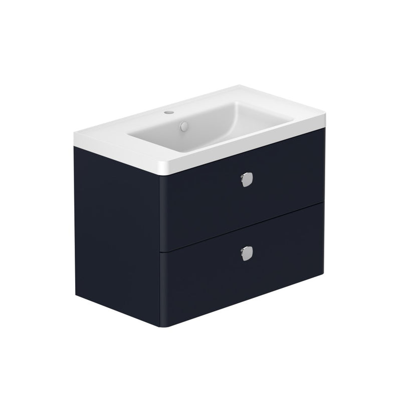 Stanway 800mm Two Drawer Wall Hung Unit & Mineral Cast Basin in Navy with Matt Black Handles