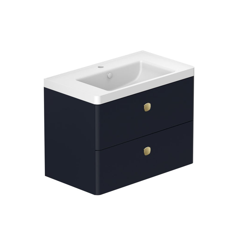 Stanway 800mm Two Drawer Wall Hung Unit & Mineral Cast Basin in Navy with Satin Brass Handles