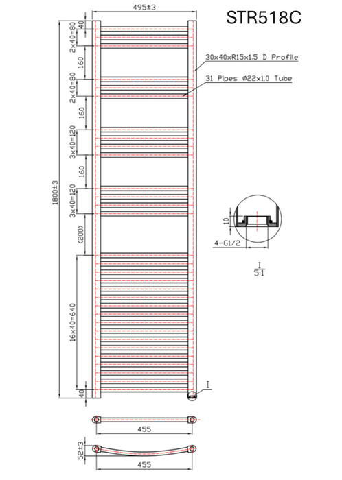 Kartell K-VIT K-Rail 22mm Straight Heated Towel Rail Chrome