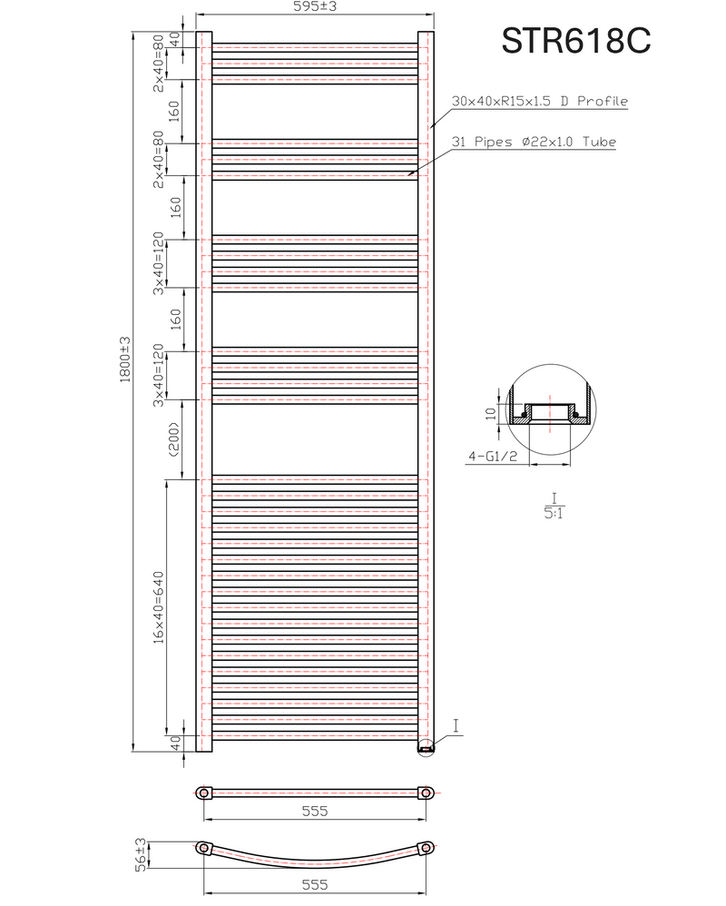Kartell K-RAD 22mm Straight Heated Towel Rail 600mm x 1800mm Chrome