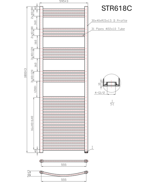 Kartell K-RAD 22mm Straight Heated Towel Rail 600mm x 1800mm Chrome