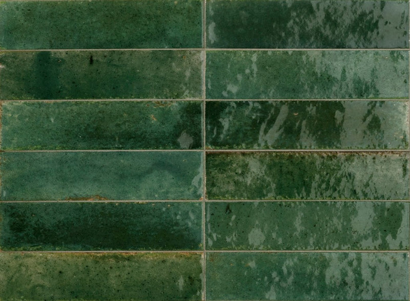 Tampa green gloss porcelain wall and floor tile 240x60mm in a kitchen setting