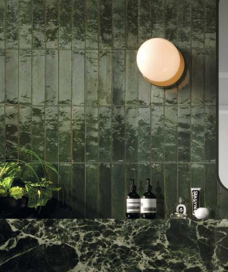 Tampa green gloss porcelain wall and floor brick tile 240x60mm with handcrafted tonal variation
