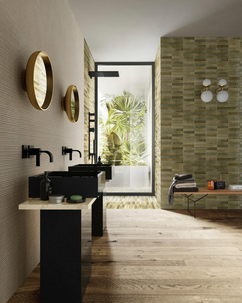 Tampa musk gloss porcelain brick tiles 240x60mm laid on a bathroom wall