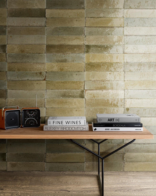 Tampa musk gloss porcelain wall and floor brick tile 240x60mm with warm olive and beige tones