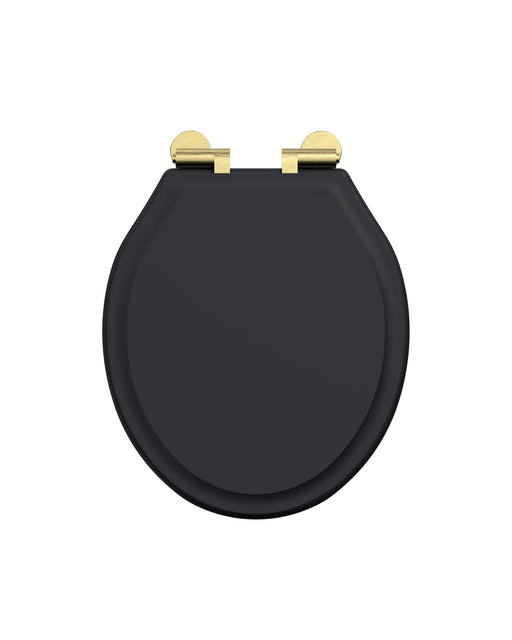 Tavistock Marston Soft Close Moulded Wood Toilet Seat Brushed Brass Hinges - Matt Black