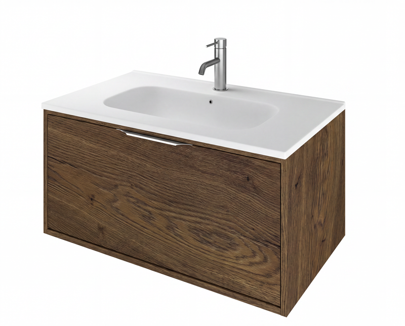 The White Space Choice 800mm wall hung vanity unit in Tobacco Oak