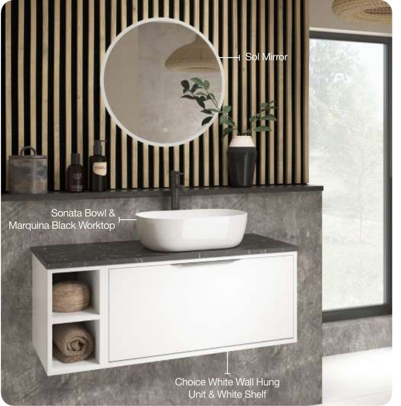 The White Space Custom Choice white shelf unit with Choice vanity unit and worktop