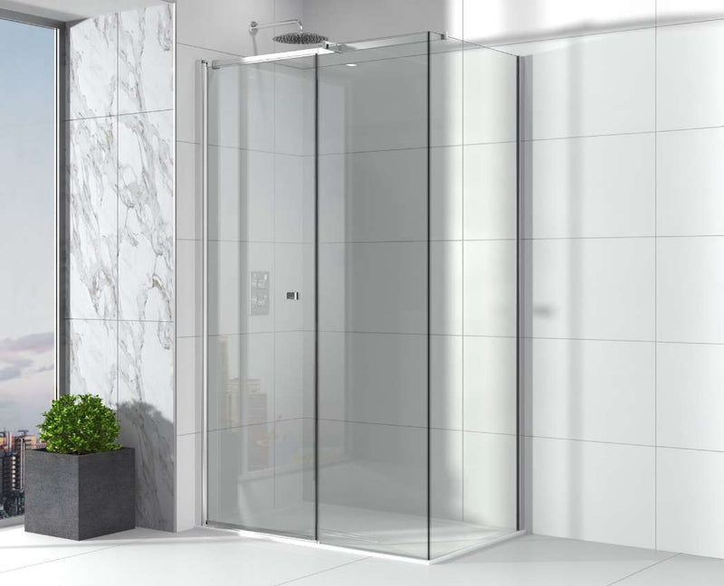 The White Space Evolve In-Out Pivot Shower Door lifestyle – chrome
