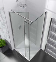 The White Space Evolve In-Out Pivot Shower Door lifestyle – chrome