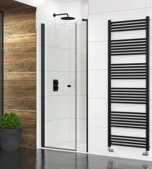The White Space Evolve In-Out Pivot Shower Door lifestyle – black