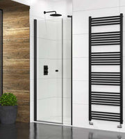 The White Space Evolve In-Out Pivot Shower Door lifestyle – black