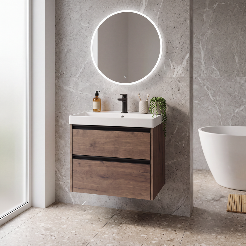 The White Space Hitt 600mm wall hung vanity unit in Tobacco Oak