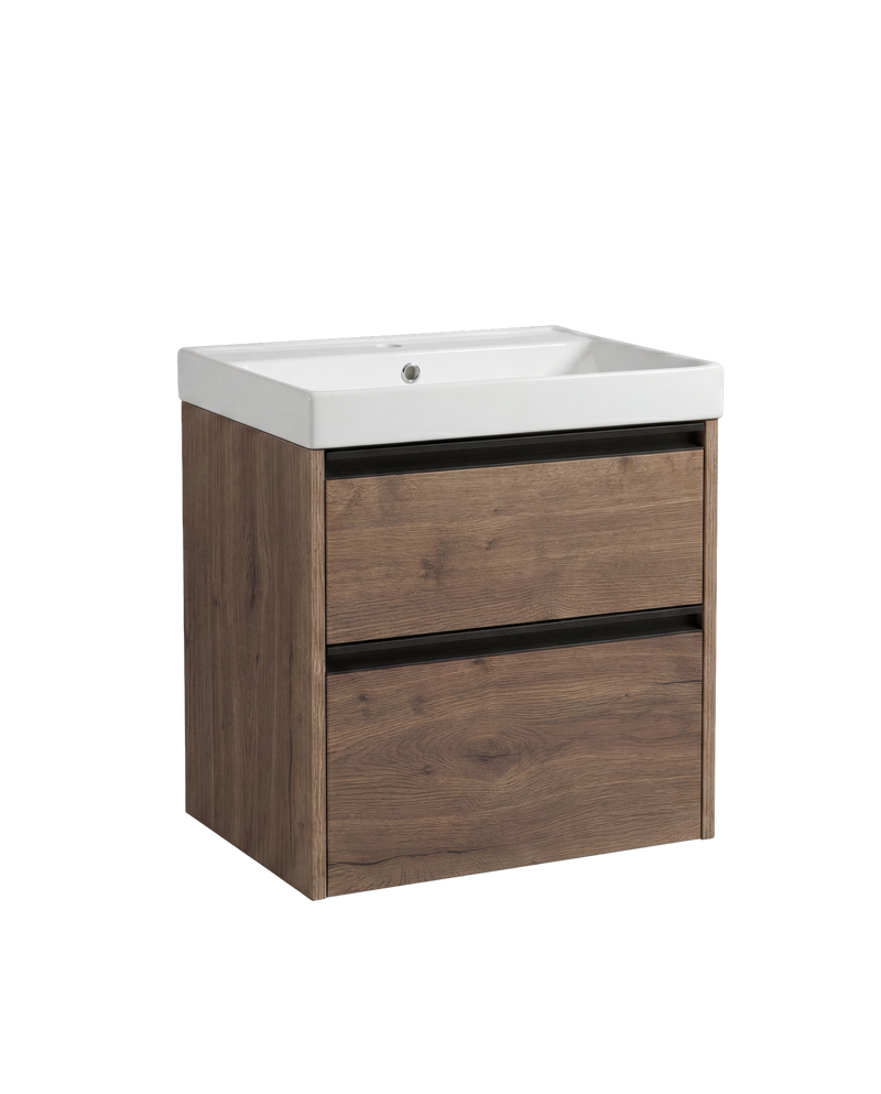 The White Space Hitt 600mm wall hung vanity unit in Tobacco Oak