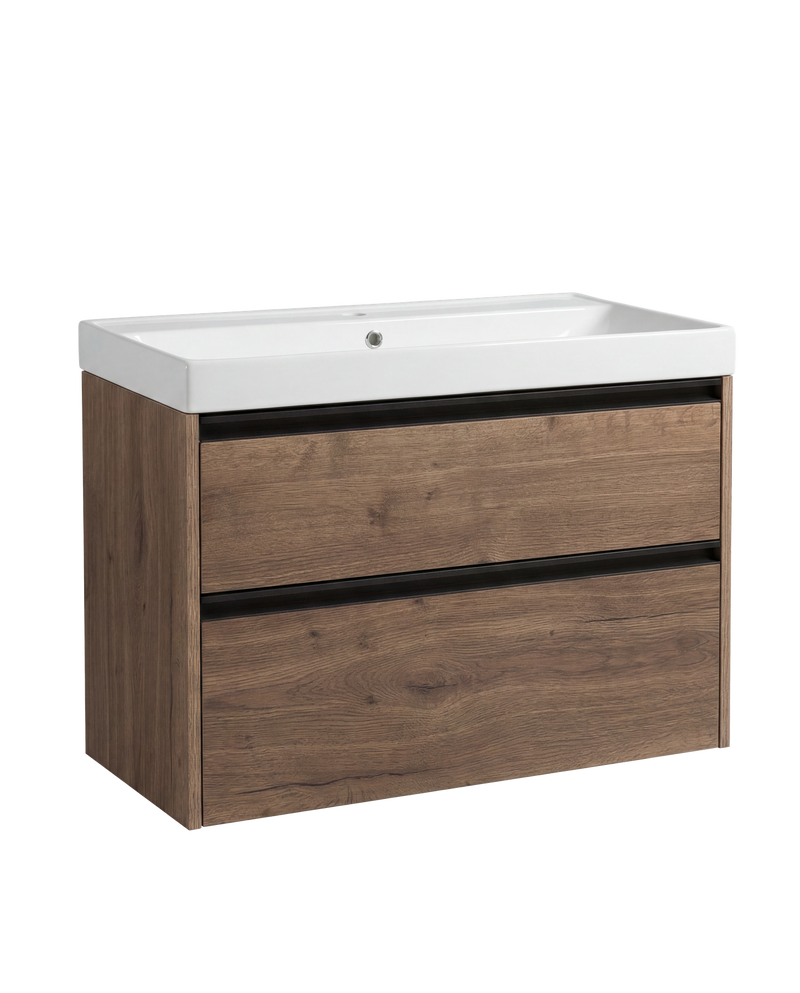 The White Space Hitt 800mm wall hung vanity unit in Tobacco Oak