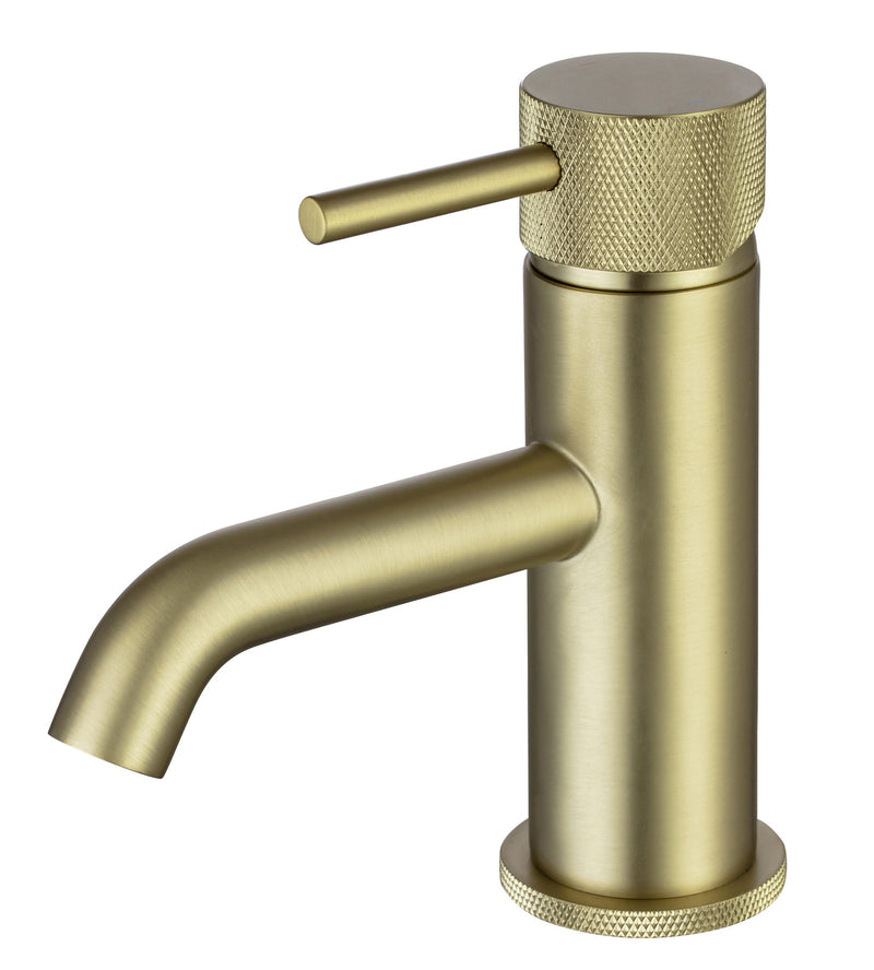 The White Space Pin Knurl Mini Monobloc Basin Mixer – Brushed Brass