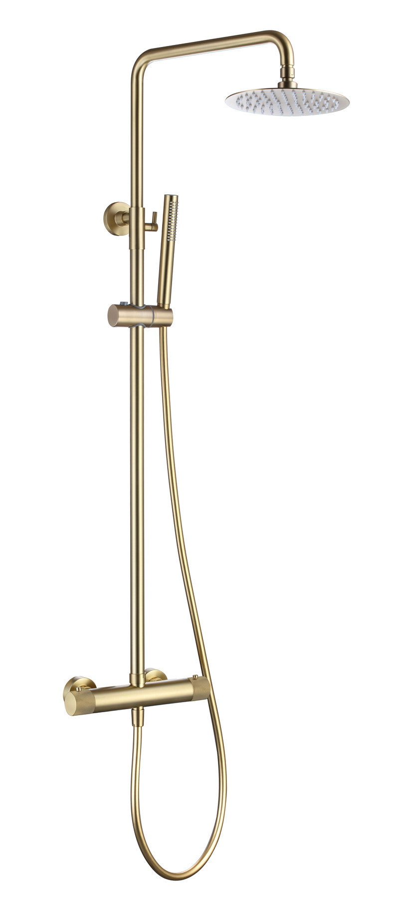 The White Space Pin Knurl Rigid Riser Shower with Bar Valve & Drencher Head – Brushed Brass